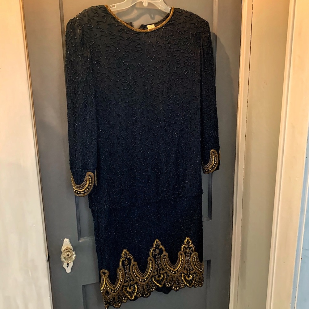 Vintage Laurence Kazar Black and Gold Beaded Dress